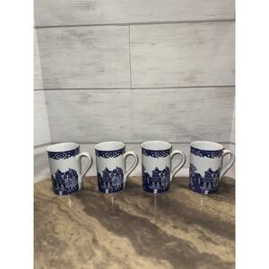 Royal Cuthbertson Blue Willow Set of 4 Coffee Mugs Blue White‎ Royalty